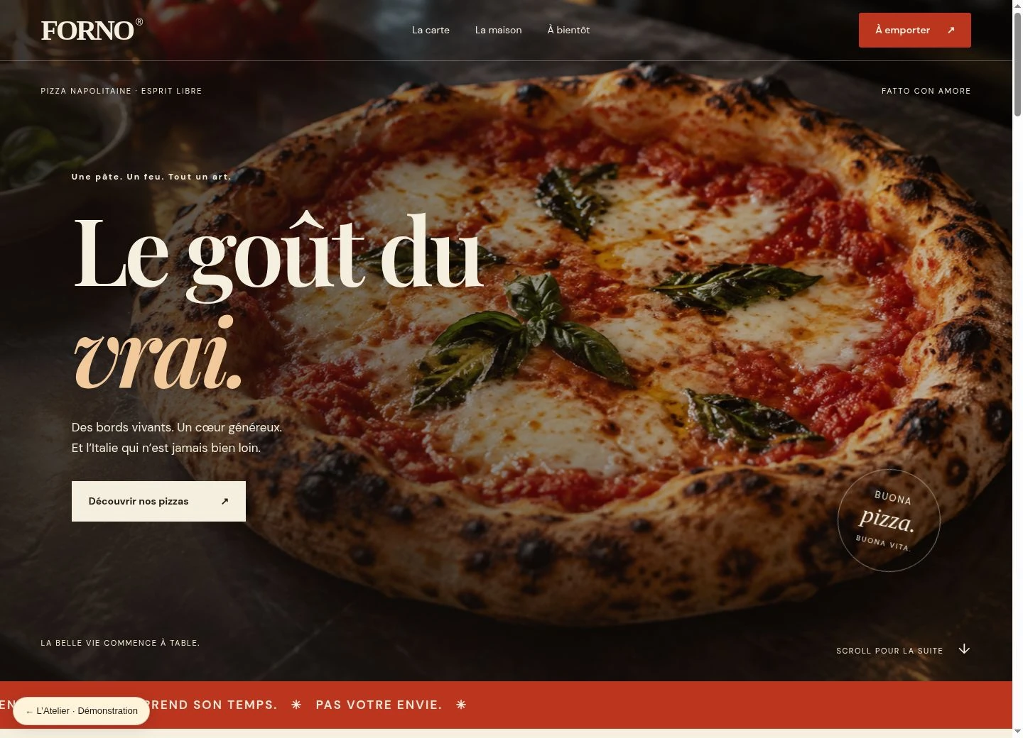 Aperçu de la page d’accueil du site FORNO, avec sa navigation, sa carte et son univers de pizzeria