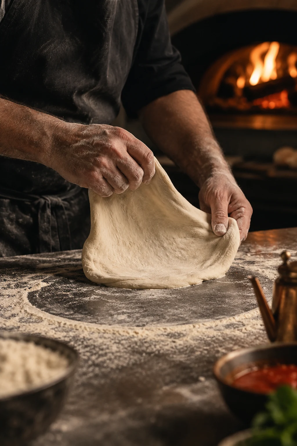 Le geste du pizzaiolo qui façonne la pâte, image de synthèse du concept FORNO